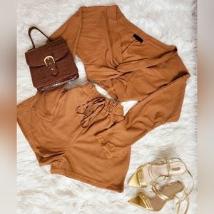 ChicMe Shorts Set Coffee Twisted Crop & Frill Hem Lounge Women's